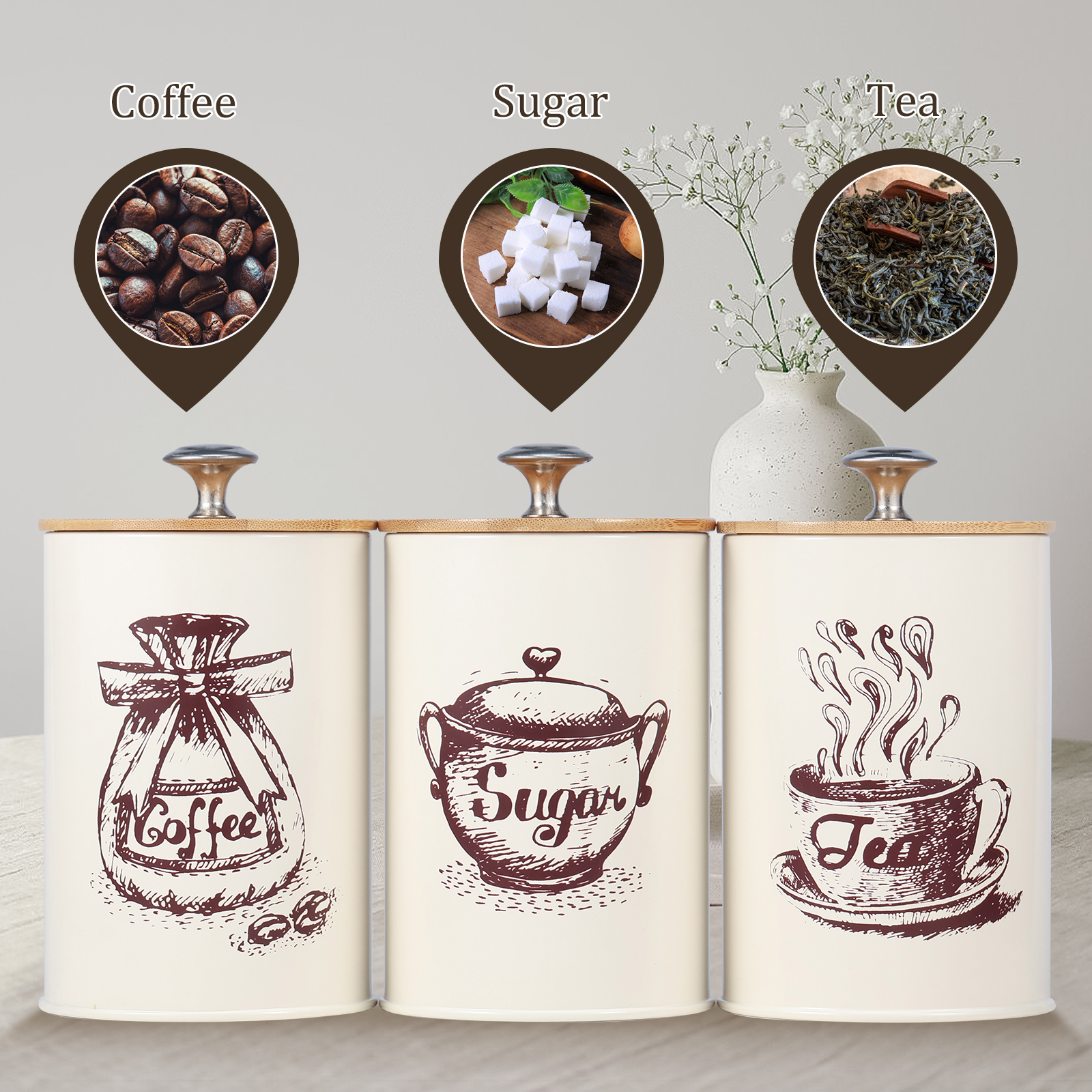 Kitchen Bank - 3Pcs Kitchen Storage Box Metal Tea